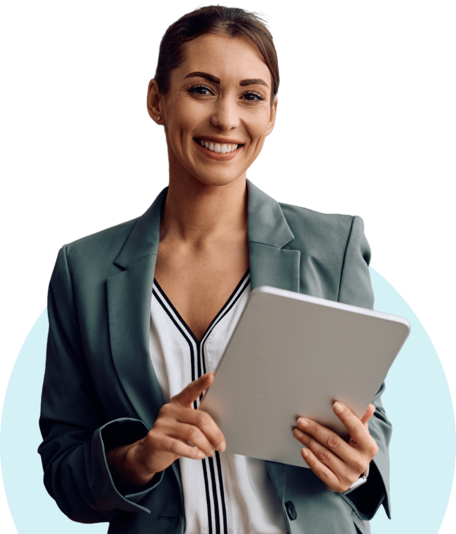 Frame 2095584936 Smiling woman holding a tablet device.