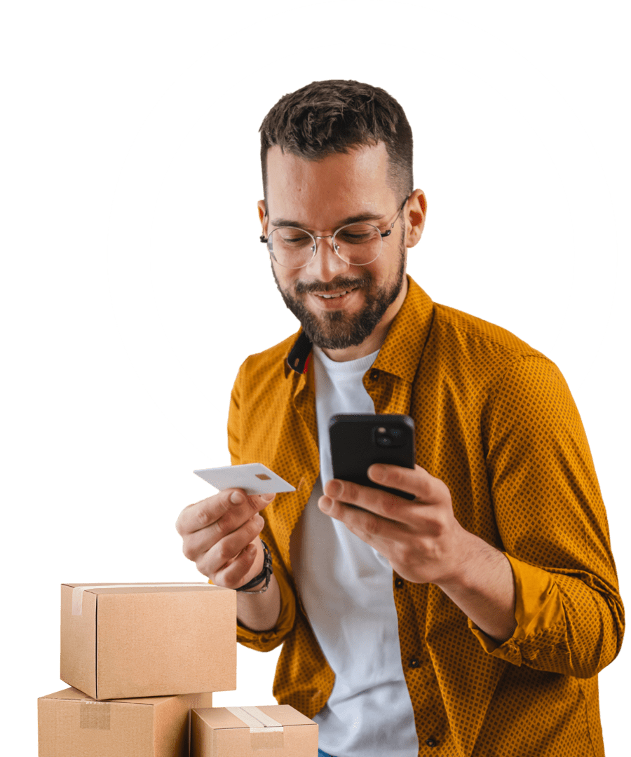 Group 1321315993 Man shopping online with smartphone and card.